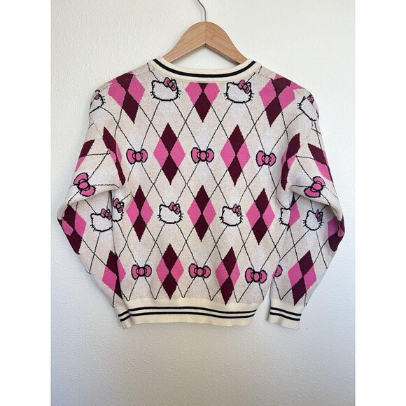 Hello Kitty Argyle Knit Cardigan Sweater Pink Burgundy Preppy Coquette Mall Y2K - Picture 4 of 8